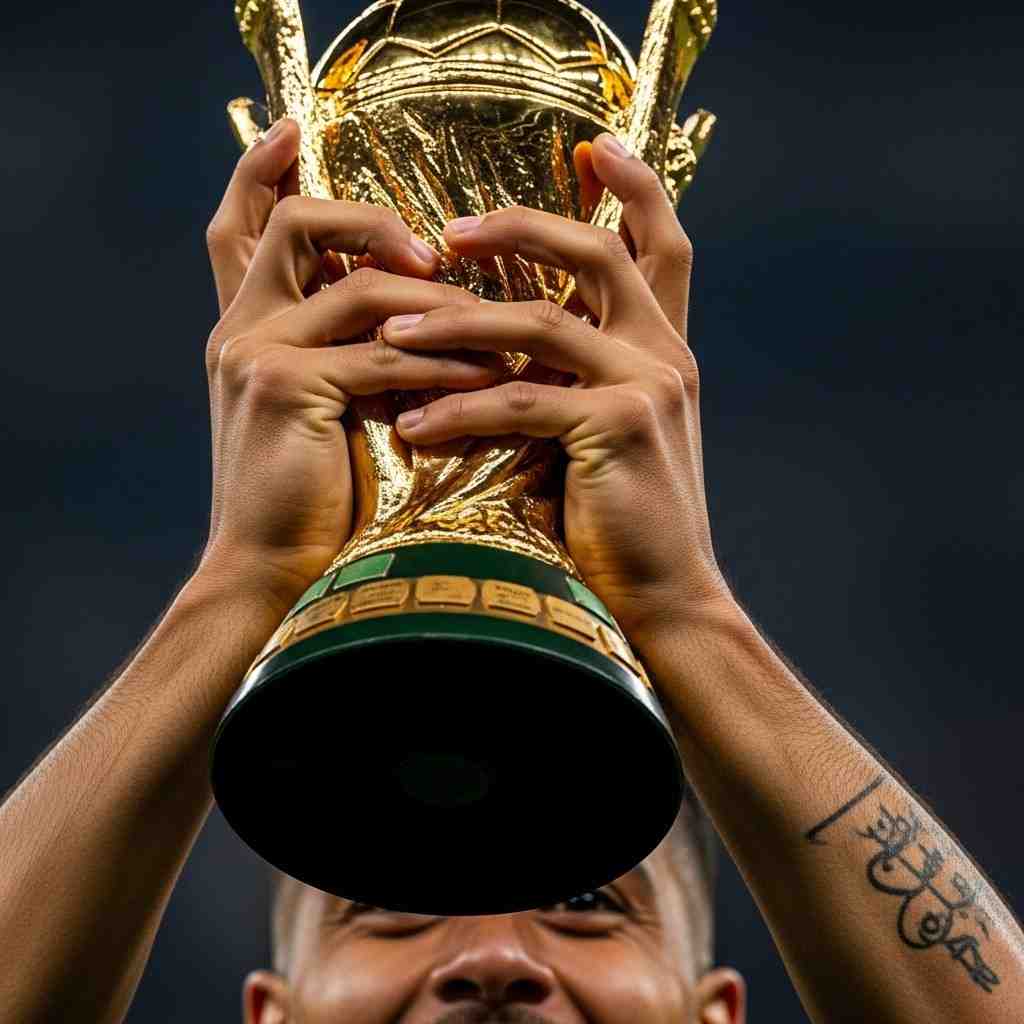 Capitano di squadra che alza il trofeo con i compagni