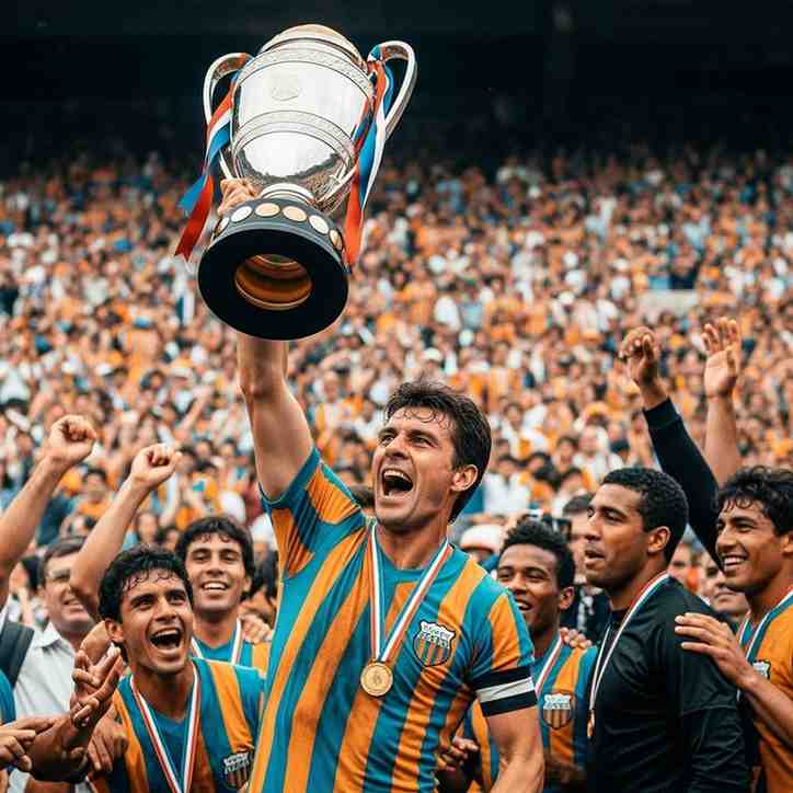 Foto d'epoca di giocatori che sollevano un trofeo