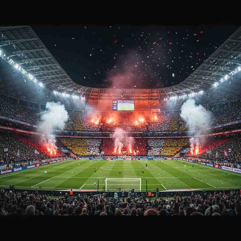 Vista aerea di uno stadio pieno di tifosi